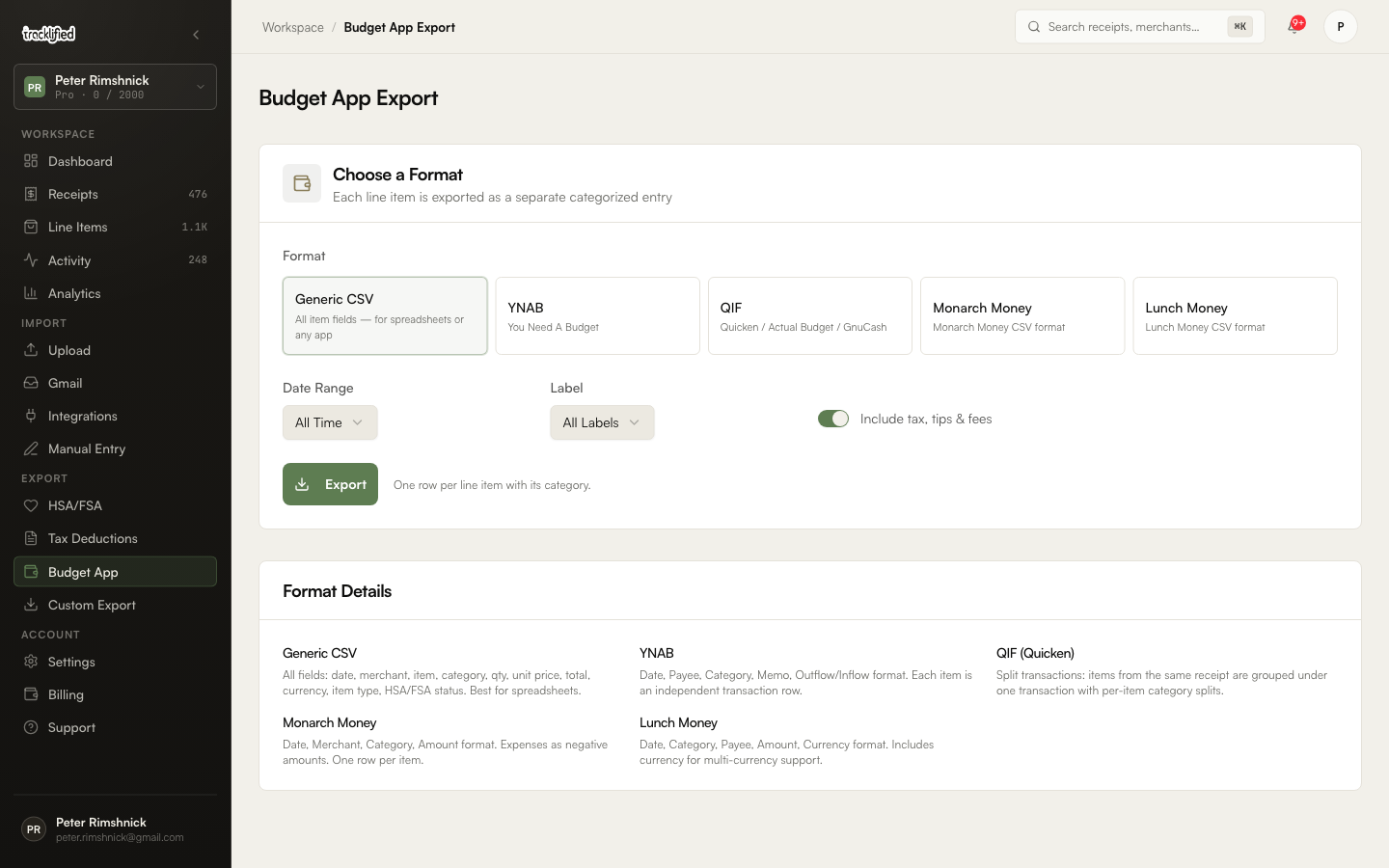Tracklified budget app export