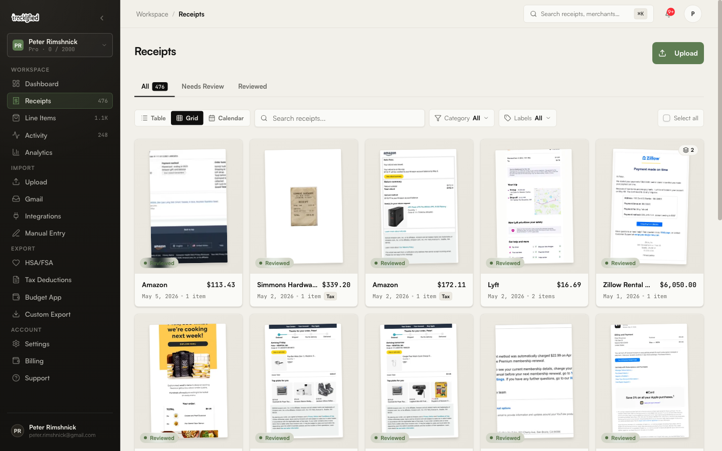 Tracklified receipt grid view